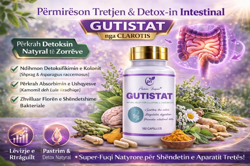 GUTISTAT suplement bimor nga CLAROTIS, produkt per inflamacion te zorres, kapsula per qetesim te kolonit, suplement per gazra dhe kapsllek, kapsula per detox dhe pastrim te zorres, trajtim natyral per zorret, kapsula per tretje dhe perthithje te ushqimit