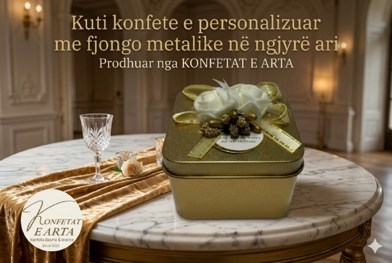 Kuti konfete e personalizuar me fjongo metalike në ngjyrë ari nga KONFETAT E ARTA, konfete egante ari per evente, kuti dekorative me lule, kuti konfete me fjongo ari per dasme, kuti dekorative per konfeta me bajame ose cokollata, dhurate per evente 